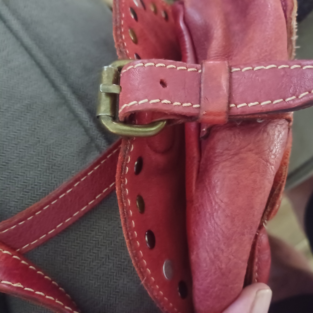 Red Leather Handbag with Brass Accents